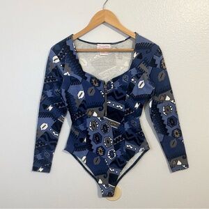Vintage Bodywear Bi Energie Blue Aztec Bodysuit Size L 90s Zip Front Deadstock